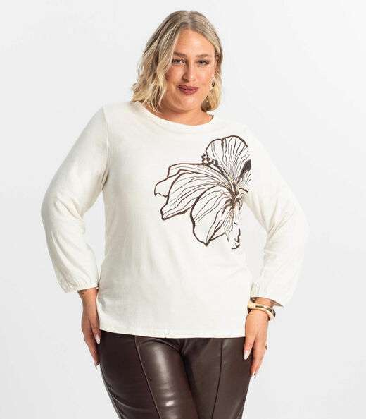 Image_Blusa Feminina Plus Size Manga 7/8 Secret Glam Bege