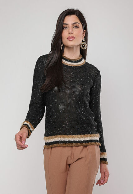 Blusa de Tricot com Fio Boton? Gola Listra Preto Salvatore