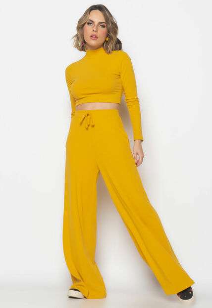Conjunto Comfy Cropped Manga Longa e Calça Wide Leg Canelado  Mostarda Salvatore