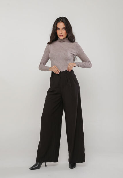 Blusa de Tricot Canelado Gola Alta Bege Salvatore