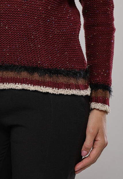 Blusa de Tricot com Fio Boton? Gola Listra Vinho Salvatore