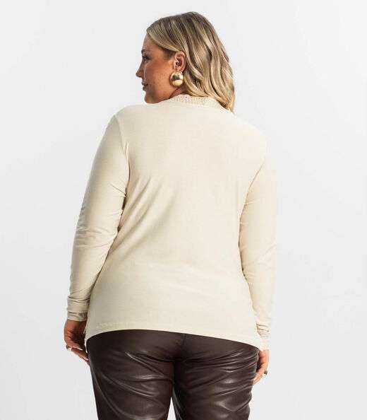 Blusa Plus Size Manga Longa Feminina Secret Glam Bege