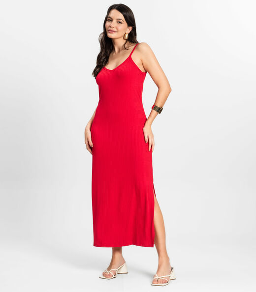 Vestido Midi em Ribana Canelada Rovitex Vermelho