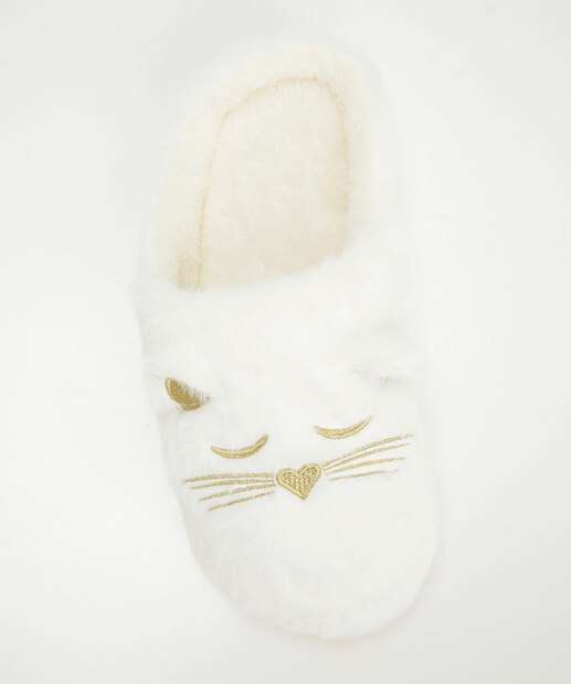 Pantufa Feminina Pelúcia Bordado Gato Marisa