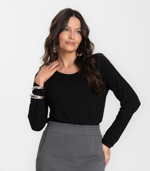 Image_Blusa Feminina Canelada Com Manga Longa Rovitex Preto