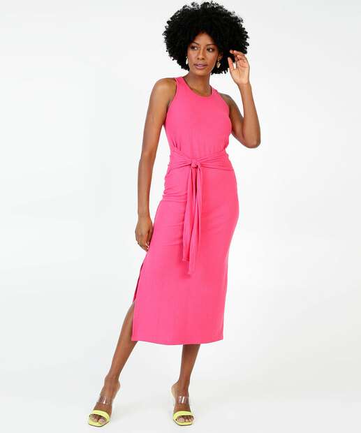 Vestido Midi Feminino Canelado Fenda Amarração 