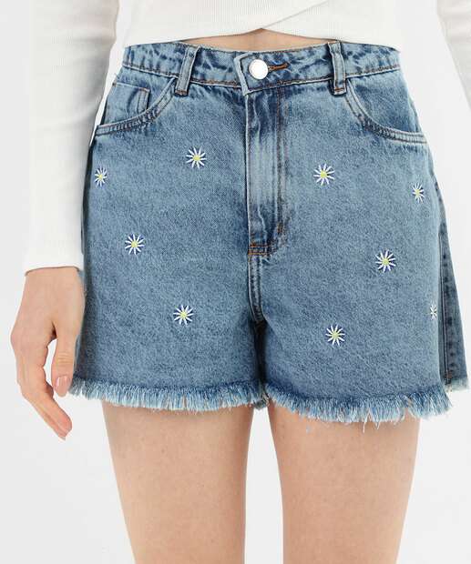 Short Feminino Jeans Bordado Margarida Bolsos Azul