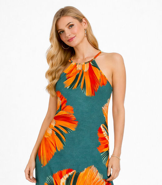 Vestido Longo Estampado Sem Manga Infinita Cor Azul
