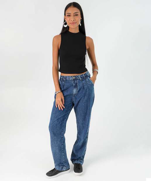 Image_Calça Jeans Reta Feminina Bolsos Azul