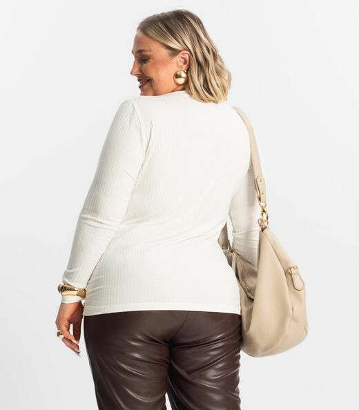 Blusa Plus Size Em Ribana Canelada  Secret Glam Bege