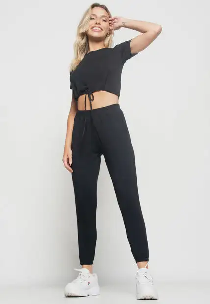 Cropped  Manga Curta Com Cadarço Malha Preto Salvatore Fashion