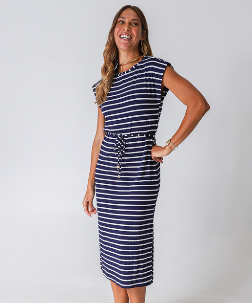 Vestido Midi Feminino Listrado Manga Curta Marisa Azul