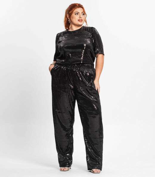 Calça Feminina Plus Size Em Paetê Secret Glam Preto