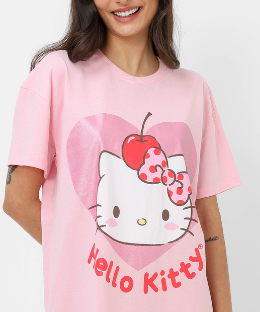 Camisola Estampa Manga Curta Coração Hello Kitty Rosa