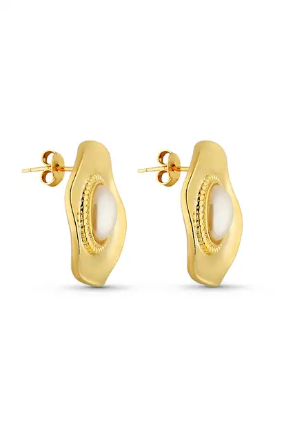 Brinco Semijoia Orgânico Com Pérola Banho Em Ouro 18k