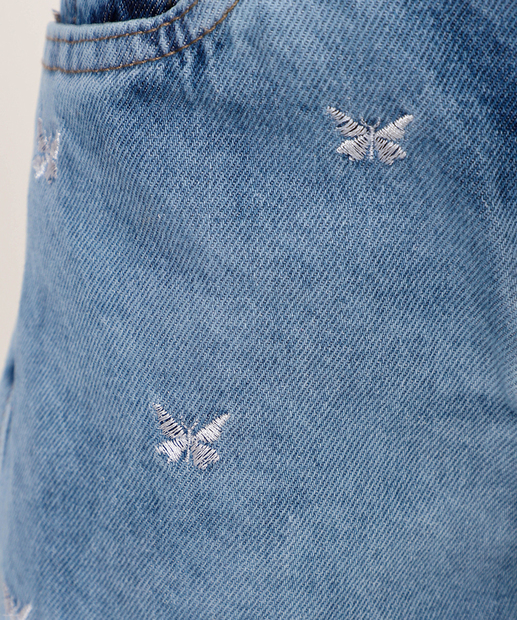 Short Infantil Jeans Bordado Borboletas Tam 4 a 10 Azul