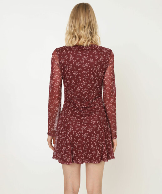Vestido Curto Feminino Tule Flores Manga Longa Marisa Vinho