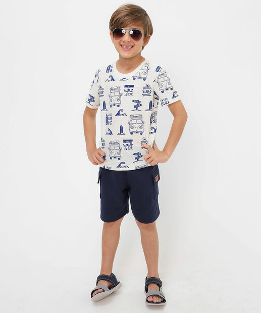 Camiseta Infantil Textura Estampada MR Tam 4 a 10 Off White