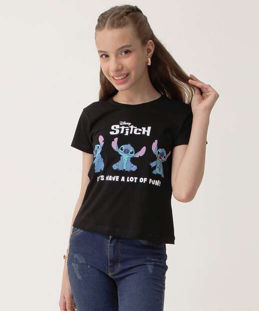 Camiseta Juvenil Manga Curta Stitch Disney Tam 10 a 16