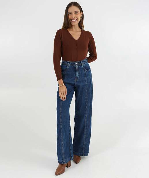 Suéter Feminino Decote V Nervura Marisa Marrom