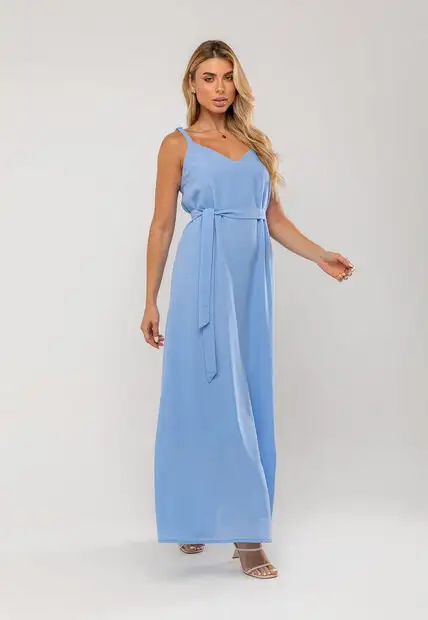 Vestido Longo Com Faixa Na Cintura Azul Salvatore