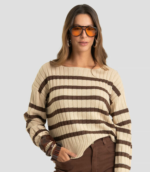 Suéter Feminino Em Tricot Listrado Dianna Marrom