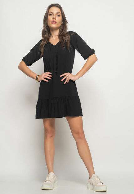 Vestido Curto Viscolinho Com Babado Preto Salvatore Fashion