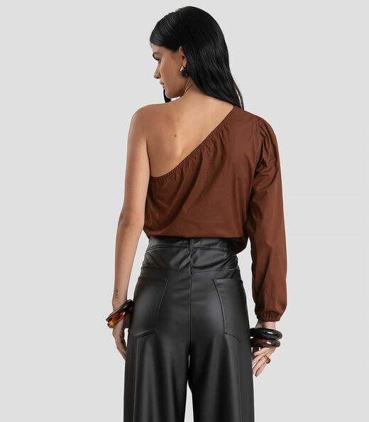 Blusa Feminina Manga Única em Tricoline Dianna Marrom