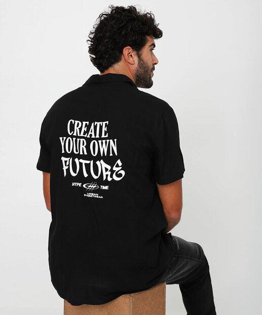 Image_Camisa Masculina Estampa Frase Bolso Manga Curta MR Preto