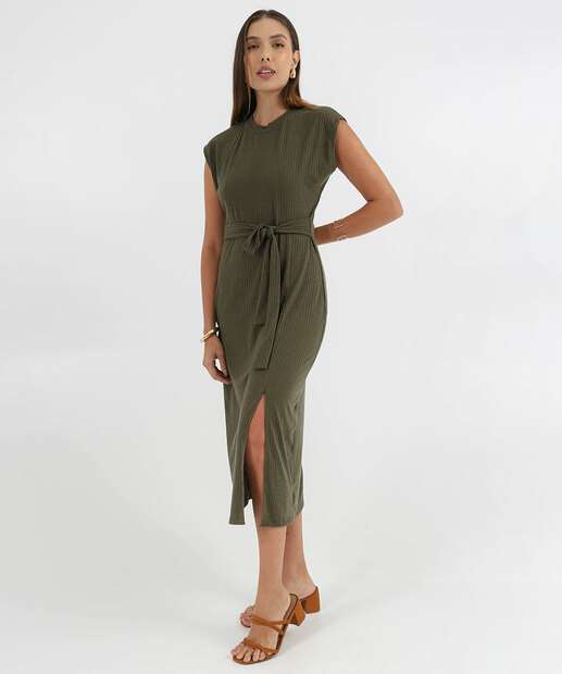 Image_Vestido Feminino Canelado Amarração Fenda Marisa Verde