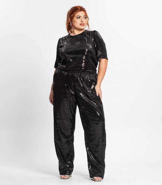 Blusa Feminina Plus Size Em Paetê Secret Glam Preto