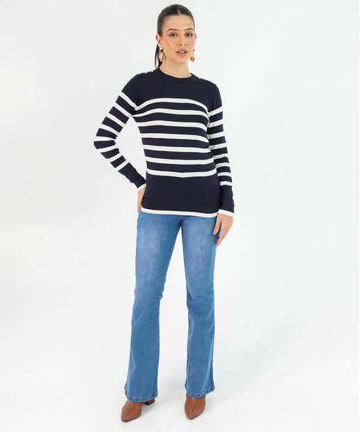 Suéter Feminino Tricô Listrado Pérolas Marisa Azul