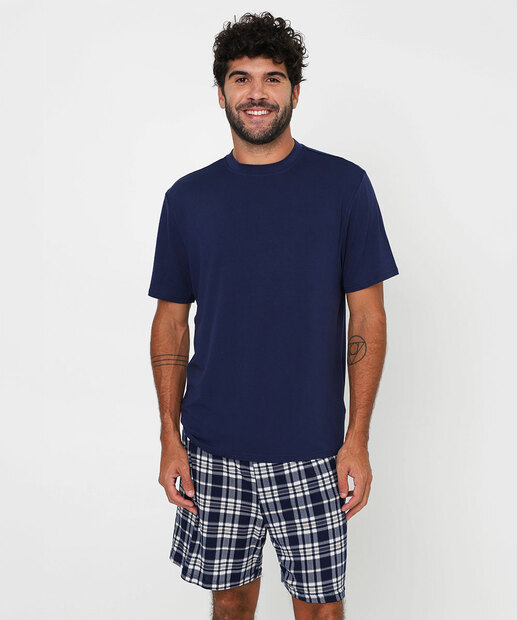 Pijama Masculino Xadrez Manga Curta MR Azul