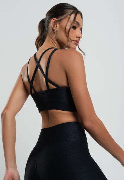 Top Suplex Canelado Brilho com Decote Alto e Tiras Preto Salvatore Fashion