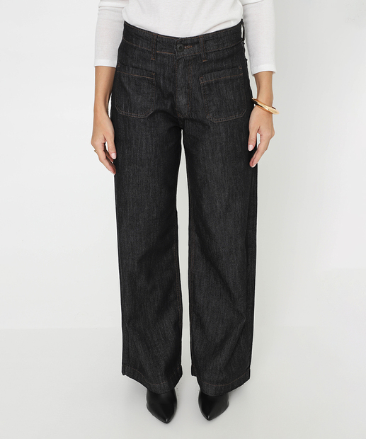 Calça Jeans Wide Leg Bolsos Feminina Preto