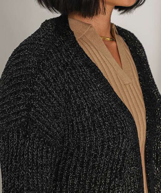 Cardigan Feminino Chenille Alongado Brilho Lurex Marisa Preto