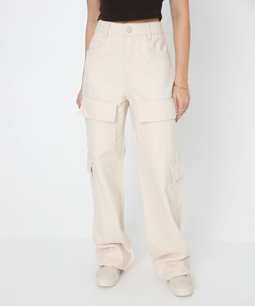 Calça Feminina Sarja Wide Leg Cargo Sawary Bege