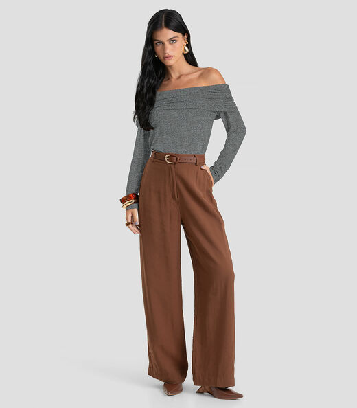 Blusa Feminina Ombro a Ombro em Malha Visco Dianna Cinza
