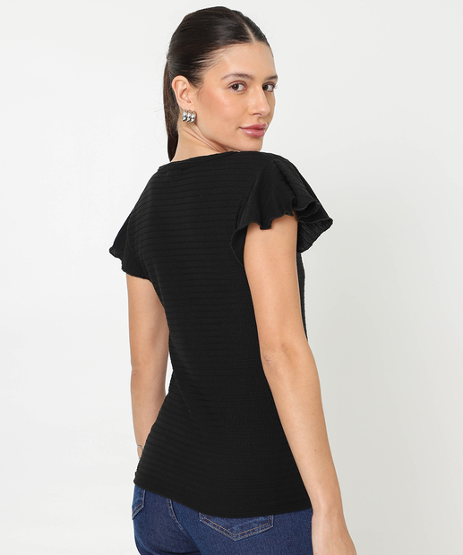 Blusa Feminina Textura Manga Babado Marisa Preto