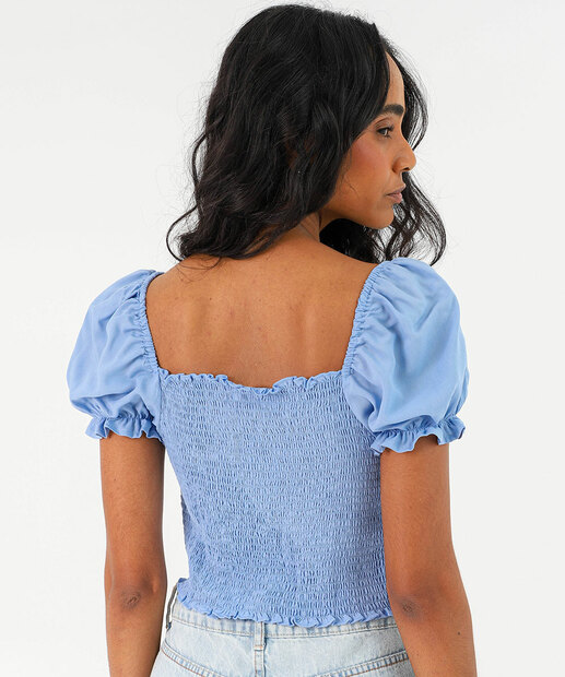 Blusa Cropped Feminina Drapeado Manga Curta Marisa Azul