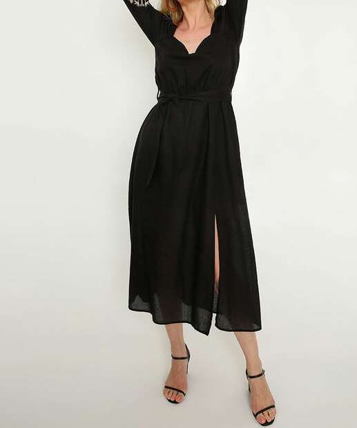 Vestido Midi Feminino Amarração Manga Longa Marisa 