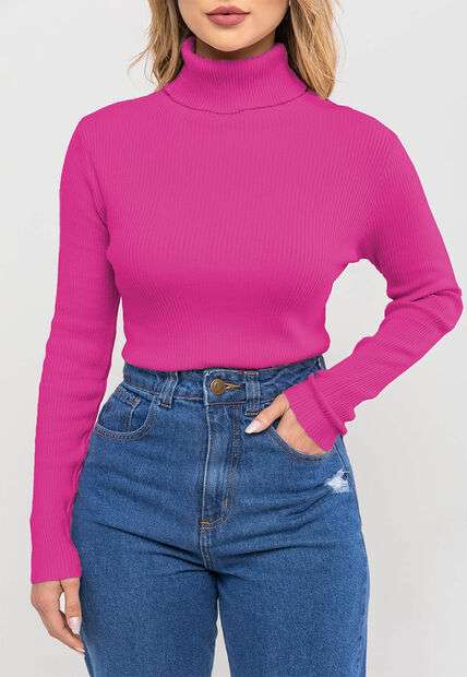 Blusa Tricot Modal Canelado Gola Rolê Pink Salvatore