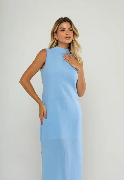 Vestido Longo Gola Alta E Fenda Lateral Azul Salvatore