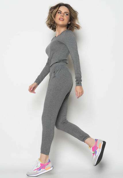 Conjunto  Comfy Com Blusa Manga Longa e Jogger Recorte Malha Grafite
