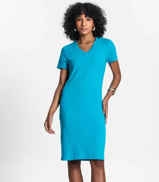 Vestido Feminino Em Ribana Canelada Rovitex Azul