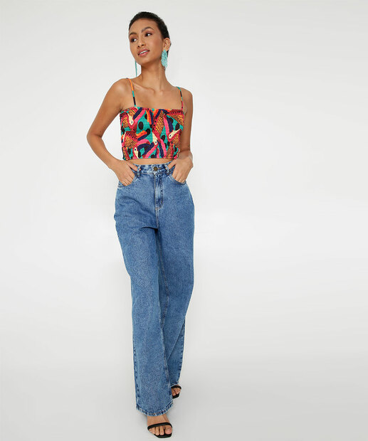 Blusa Cropped Feminina Lastex Estampa Tropical Marisa