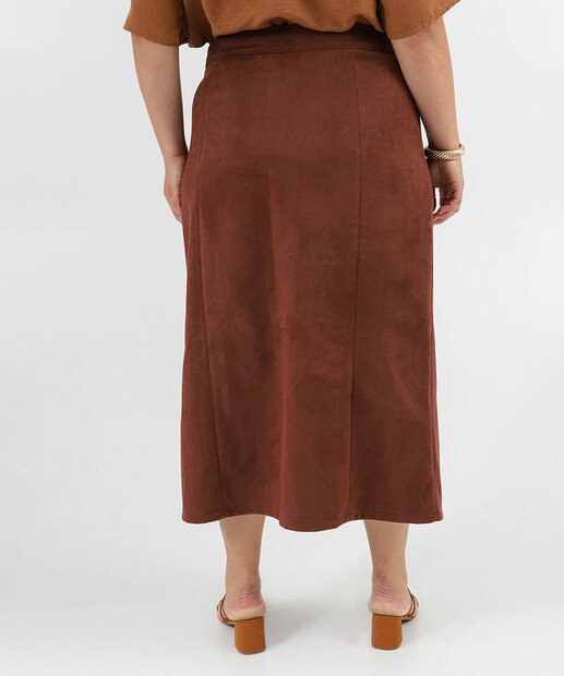 Saia Midi Feminina Plus Size Botões Fenda Marisa Marrom