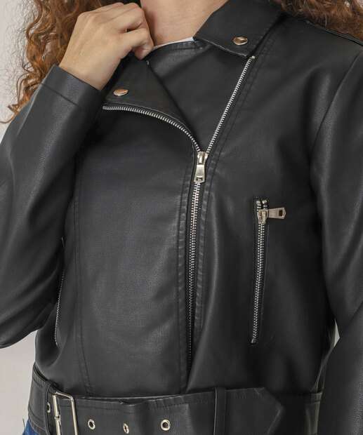 Jaqueta Feminina Biker Bolsos Cinto Marisa Preto