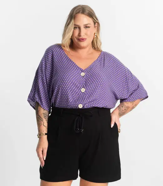 Camisa Feminina Plus Size Estampada Secret Glam Roxo
