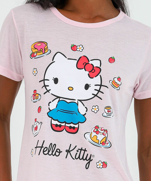 Camisola Estampa Hello Kitty Manga Curta Sanrio Rosa